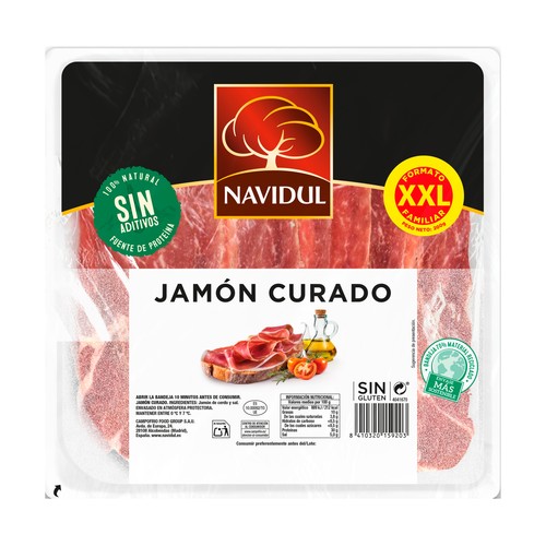 Jamón curado cortado en lonchas, elaborado sin gluten NAVIDUL 230 g.