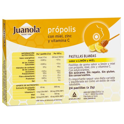 JUANOLA Pastillas de foma con extracto de Propolis, miel, zinc y vitamina C, con sabor a miel y limón 24 uds.