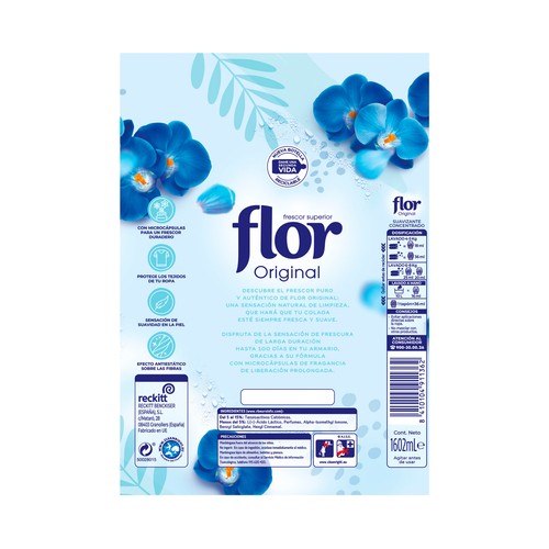 FLOR Suavizante concentrado con aroma a flor azul 89 DS 1,6 L.
