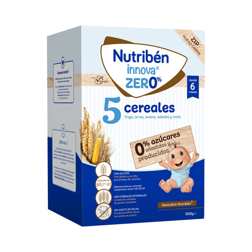 NUTRIBÉN Innova zero% Papilla en polvo con 5 cereales y sin azúcares producidos ni añadidos a partir de 6 meses 500 g.