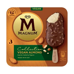 MAGNUM Collection Bómbon a base de soja con helado de vainilla, cubierto de chocolate y trocitos de almendra 3 x 90 ml.