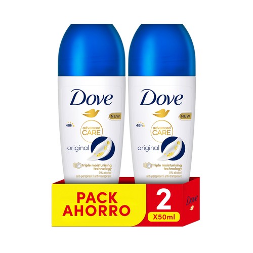 DOVE Advanced care original Desodorante roll on para mujer con protección antitranspirante hasta 72 horas 2 x 50 ml.