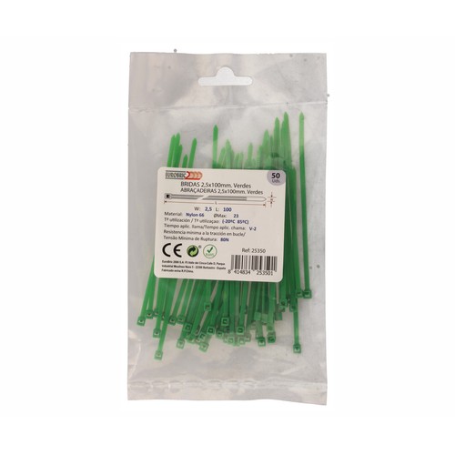 Bridas de nylon 2,5x95 color verde 50 unidades, EUROBRIC.