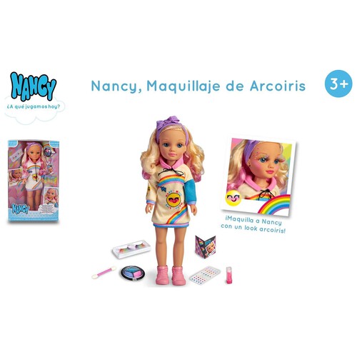 Muñeca y accesorios NANCY, maquillaje arociris.