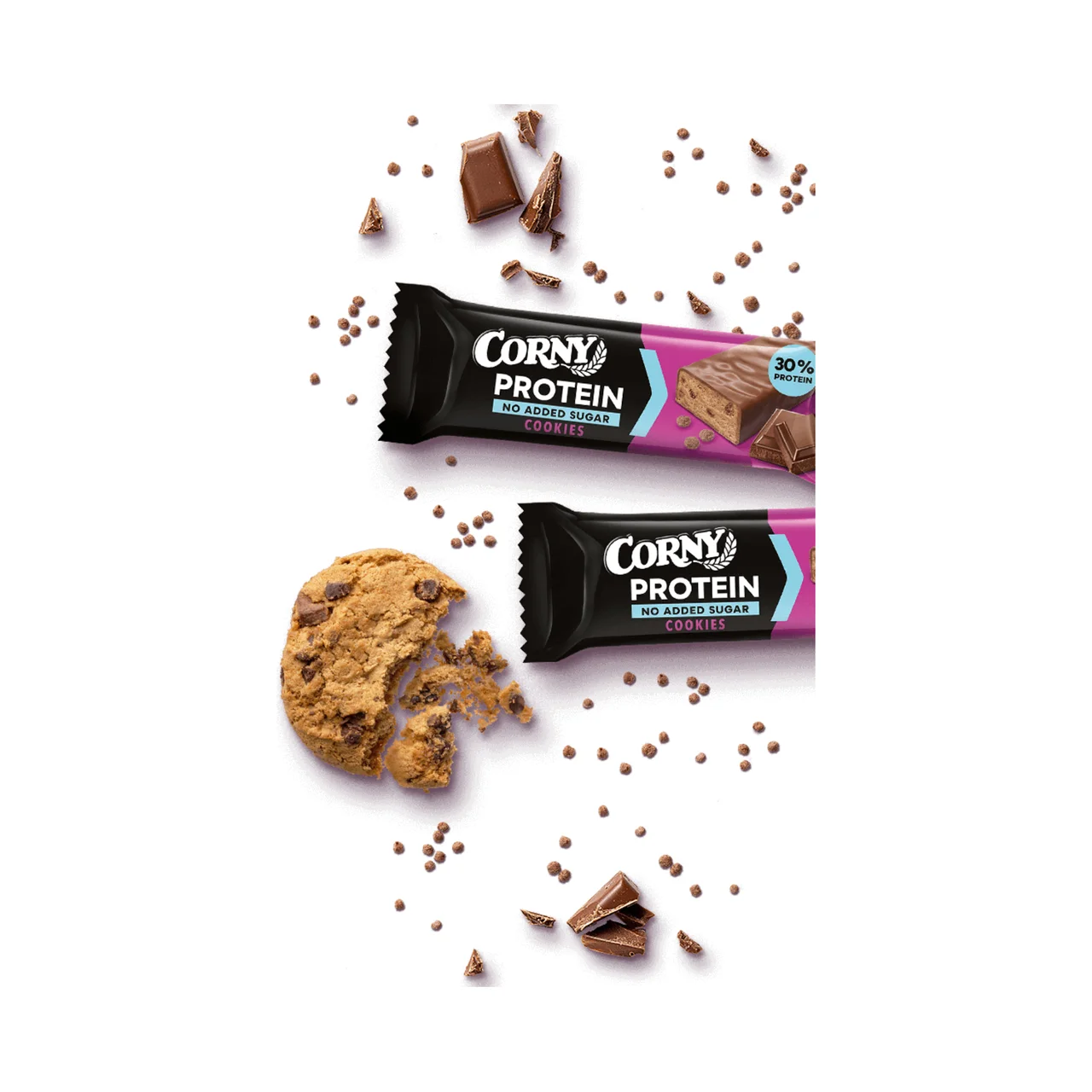 Protein Barrita de proteínas con chocolate con leche, sabor a cookies, sin azúcares añadidos 50 g.