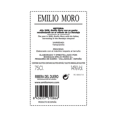 EMILIO MORO  Vino tinto con D.O. Ribera del Duero botella de 75 cl.