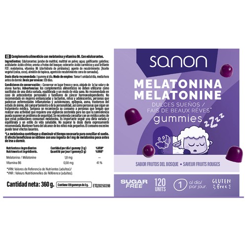 SANON Dulces sueños Gominolas (gummies) de melatonina con sabor a frutos rojos 120 uds.