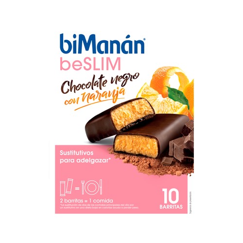 BIMANÁN Be slim Barritas sabor chocolate negro con naranja para el control de peso 10 uds.