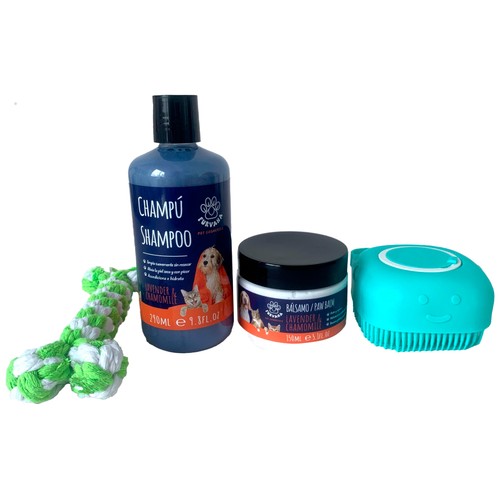 FURVANA Estuche para mascotas con champú+ bálsamo para patas+ cepillo + Juguete de cuerda