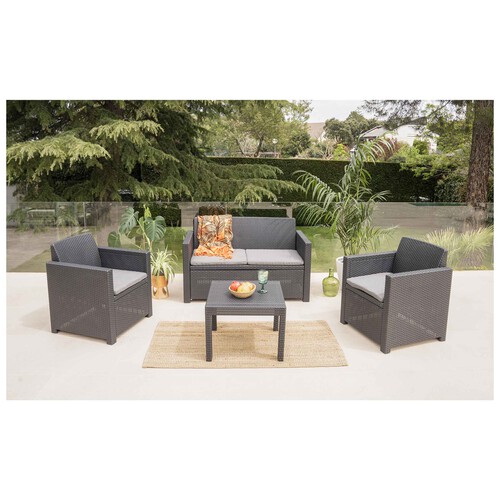Conjunto jardín 4 piezas con sofá 2 plazas, 2 sillones y 1 mesa de resina, color negro, incluye cojines, Alabama ALLIBERT.