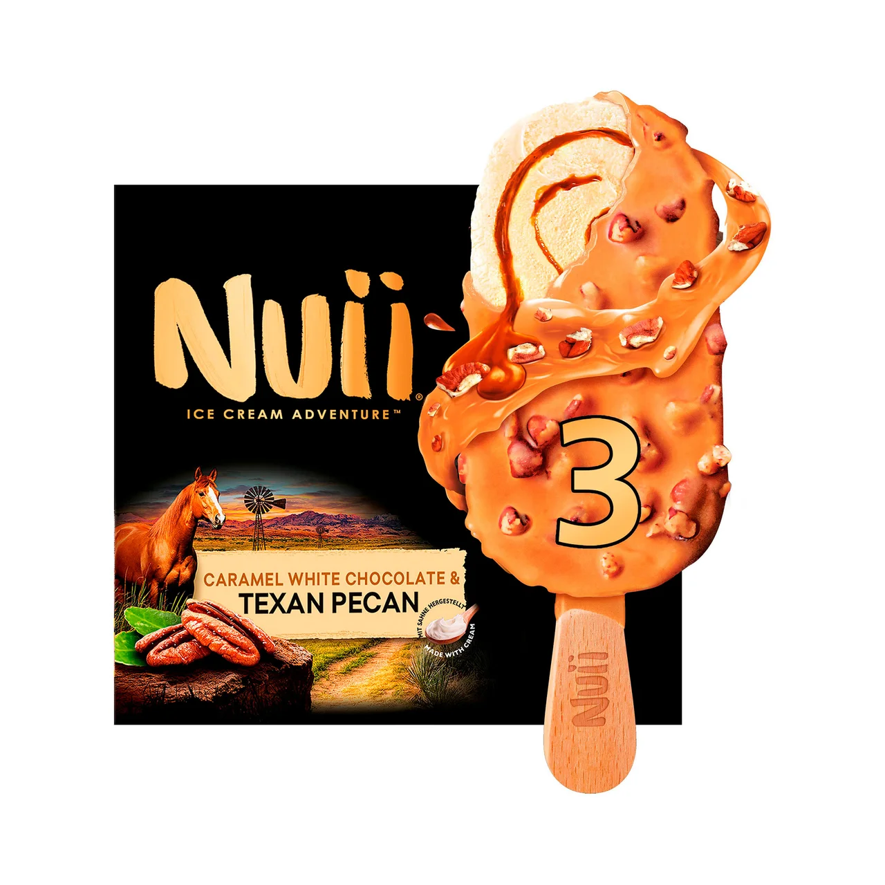Bombón helado de vainilla con salsa de caramelo, recubierto de chocolate blanco y tozos de nueces pecanas 3 x 90 ml.