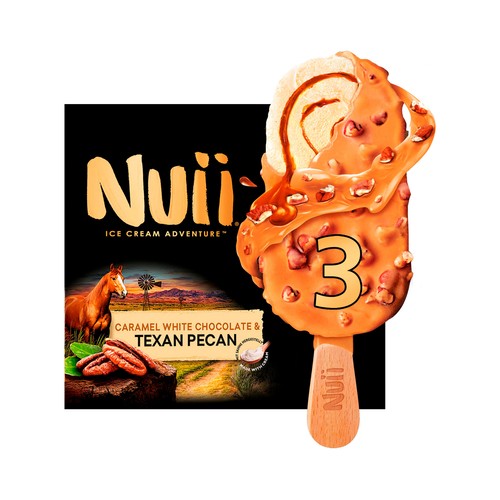NUII Bombón helado de vainilla con salsa de caramelo, recubierto de chocolate blanco y tozos de nueces pecanas 3 x 90 ml.
