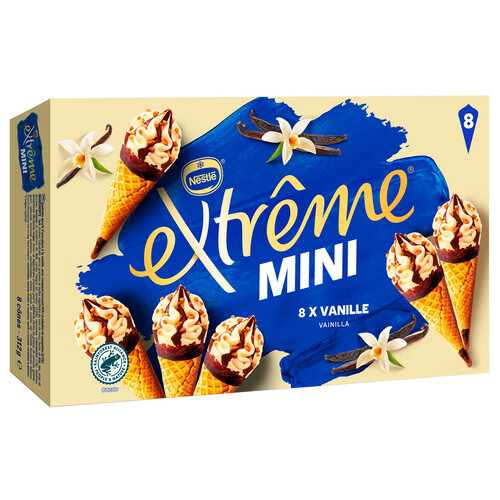EXTRÈME de Nestlé Mini conos de helado de vainilla con salsa de chocolate y trocitos de almendra caramelizadas 8 x 60 ml.