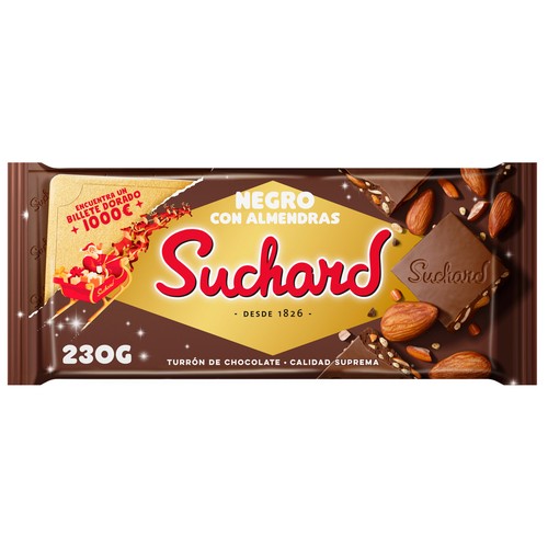 SUCHARD Turrón de chocolate negro con almendras enteras y arroz inflado 230 g.