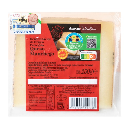 ALCAMPO CULTIVAMOS LO BUENO  Queso Manchego DOP artesanal de oveja  Cuña de 250 g.
