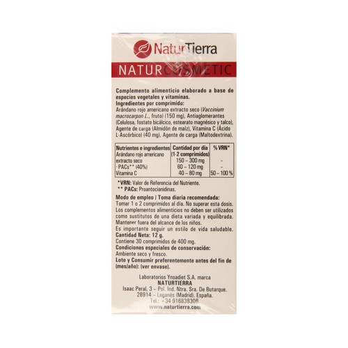 NATURTIERRA Antiox Complemento alimenticio con arándano rojo y vitamina C 30 comprimidos.