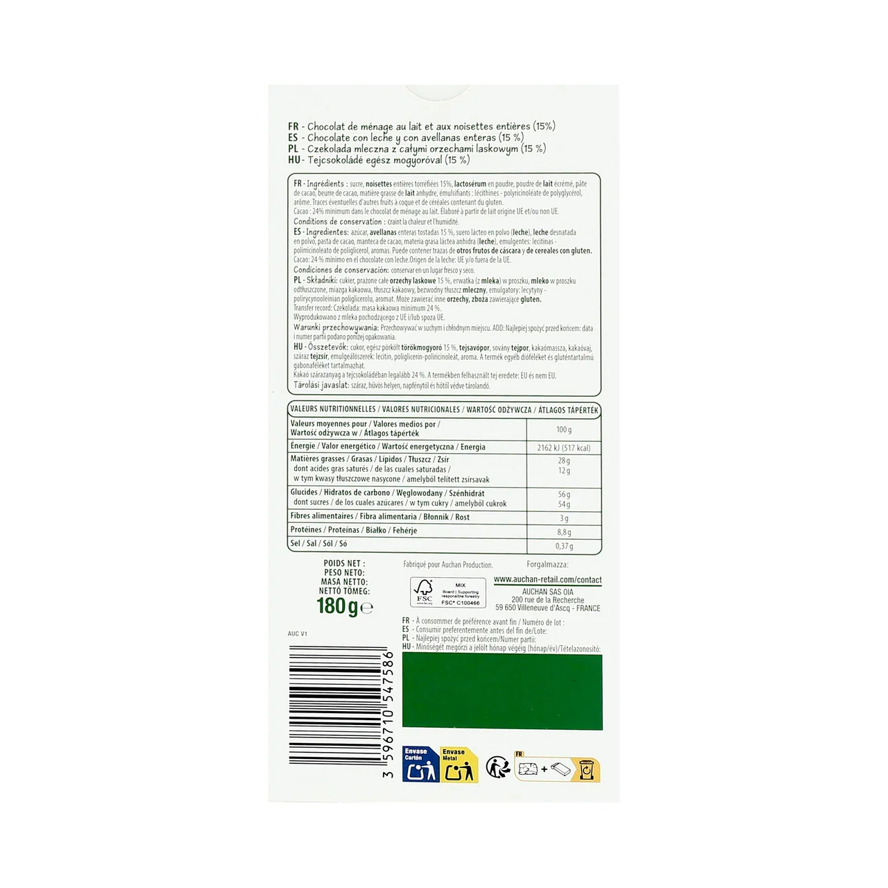 PRODUCTO ALCAMPO Tableta de chocolate de leche con avellanas enteras