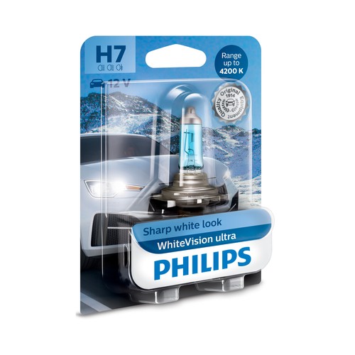Bombilla halógena para automovil con luz blanca, tipo H7 con portencia de 55W PHILIPS Whitevision.