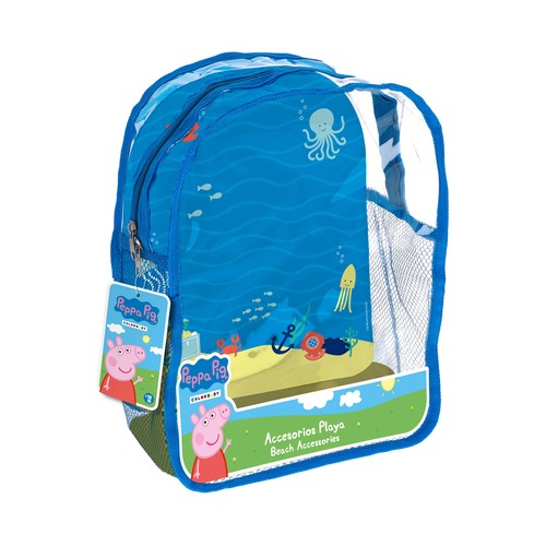 Mochila con cubo de playa con pala, rastrillo, regadera, molde y pelota PEPPA PIG.