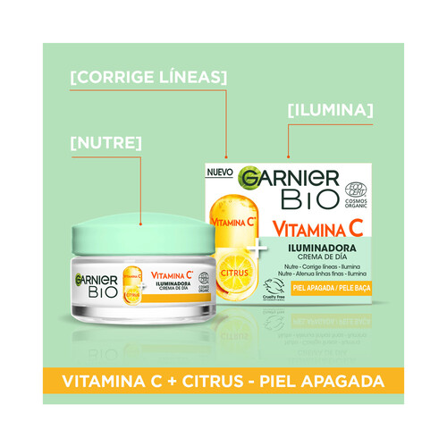 GARNIER Crema de dia iluminadora, con vitamina C, para pieles apagadas GARNIER Bio 50 ml.