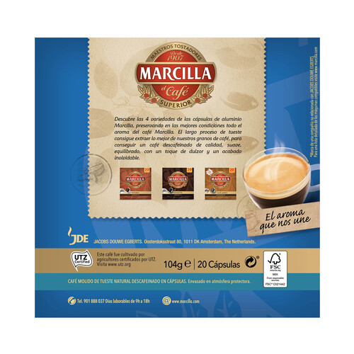 MARCILLA Café en cápsulas espresso descafeinado I6, 20 uds. 