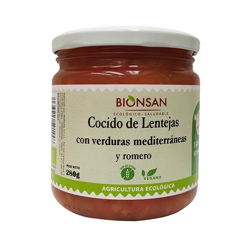 BIONSAN Cocido de lentejas con verduras Mediterráneas y romero ecológico  280 g.