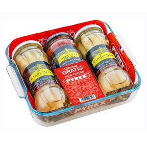 Imagen de CARRETILLA Dos tarros de espárragos + uno de pimientos piquillo + bandeja pyrex 410 g.