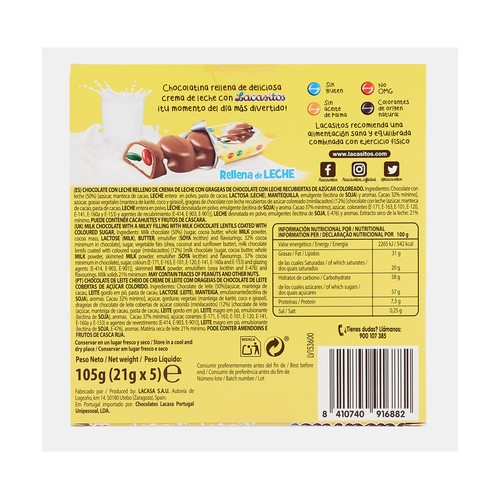 LACASITOS Barritas de chocolate rellenas de leche con grageas de colores 5 uds. 21 g.