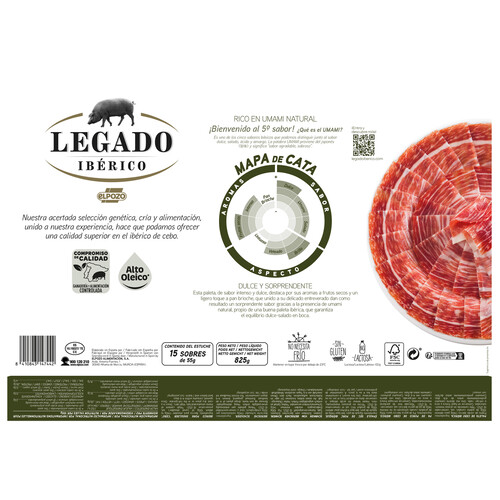 LEGADO IBÉRICO Maletín con 15 sobres de 55 g. de paleta de cebo ibérica (50% raza ibérica), cortada en lonchas LEGAOO IBÉRICO de El Pozo 825g.