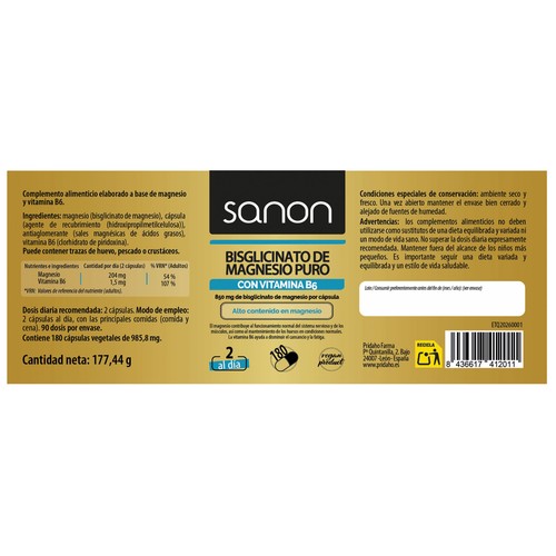 SANON Bisglicinato de magnesio puro con vitamina B6 180 capsulas.