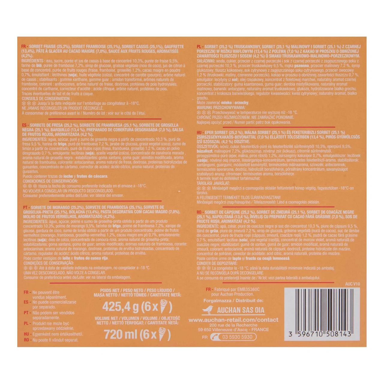 AUCHAN Conos de helado y salsa de frutos rojos 6 x 120 ml. Producto Alcampo.