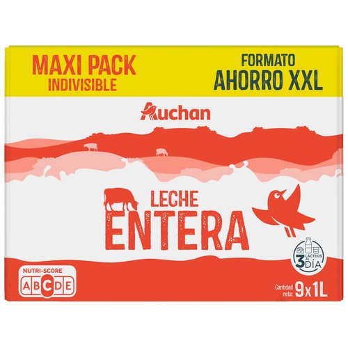 AUCHAN Leche de vaca entera, Maxi Pack Ahorro XXL 9 x 1 l Producto Alcampo.