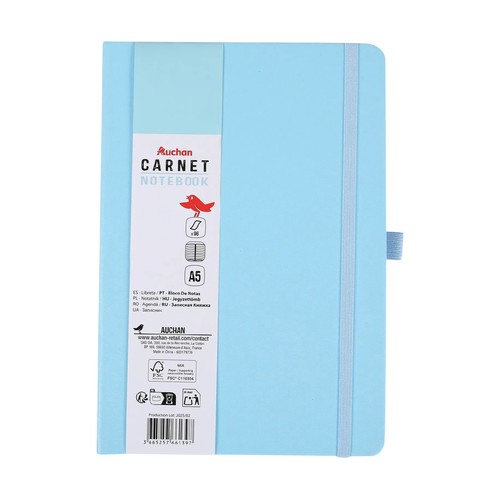 Cuaderno A5 de hojas rayadas, 96 hojas, color azul, ALCAMPO.
