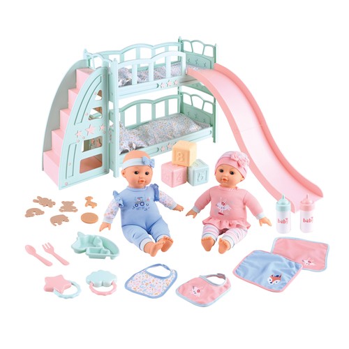 Conjunto de 2 muñecos bebés con litera, +3 años, ONE TWO FUN.