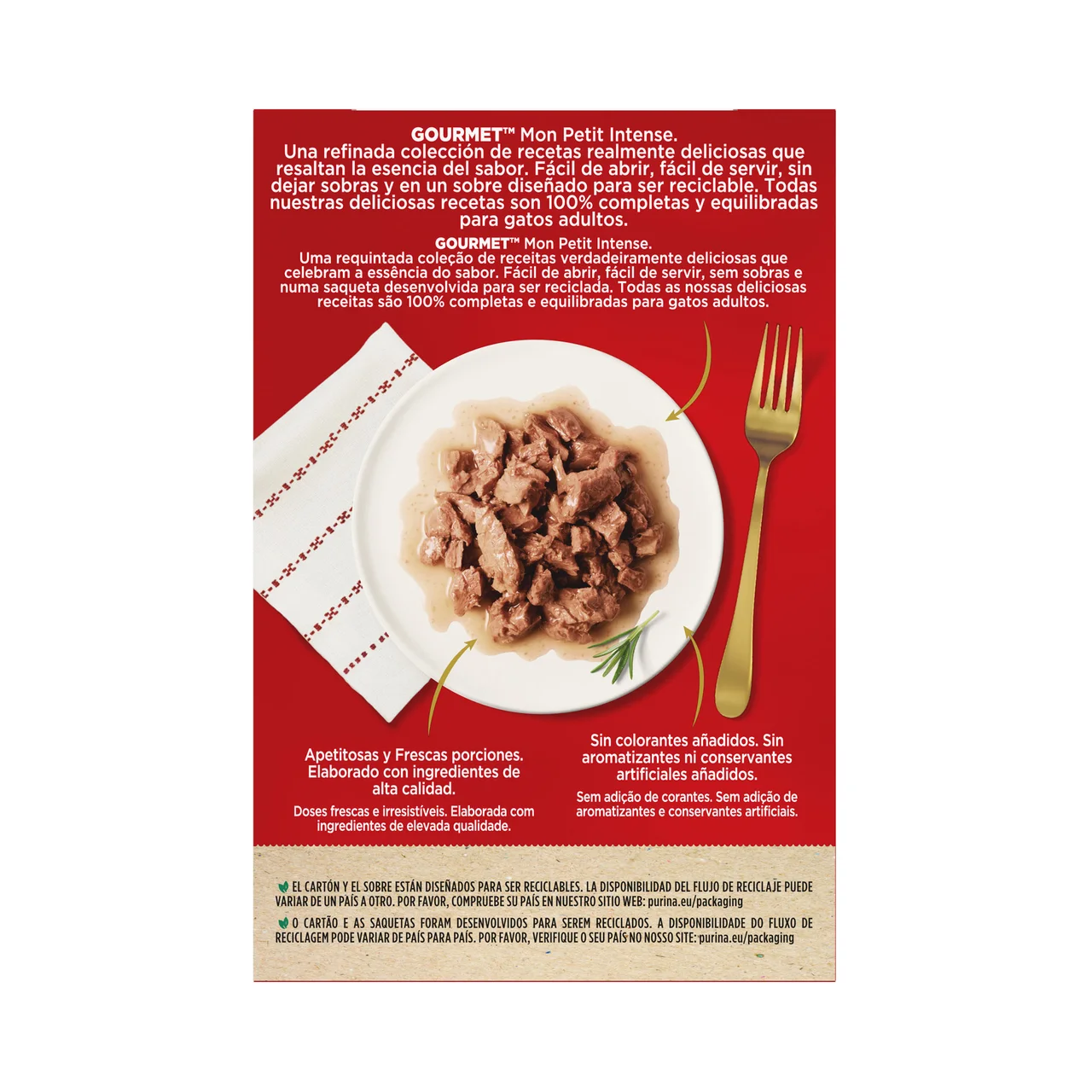 Gorumet mon petit intense Comida para gatos adultos de atún, salmón y trucha 6 x 50 g.
