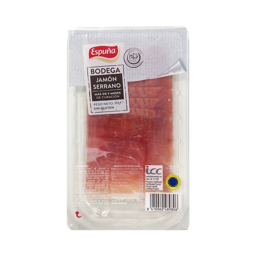 ESPUÑA Jamón serrano de bodega curado más de 9 meses, cortado en lonchas 50 g.