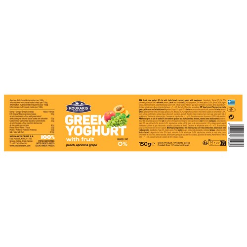 KOUKAKIS Yogur griego con trozos de melocotón, uva y albaricoque 150 g.  sin azúcares añadidos.