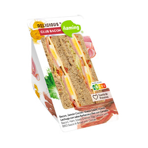 Imagen de ÑAMING Delicious club bacon Sándwich de pan con cereales relleno de bacon, jamón cocido, huevo, lechuga y salsa BBQ 200 g.