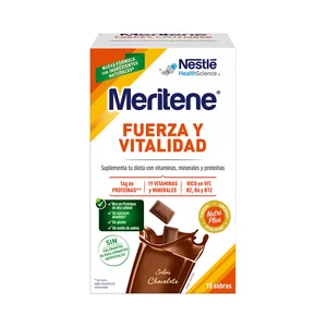 MERITENE Suplemento alimenticio con vitaminas, minerales y proteínas, con sabor a chocolate MERITENE Fuerza y vitalidad 15 uds.