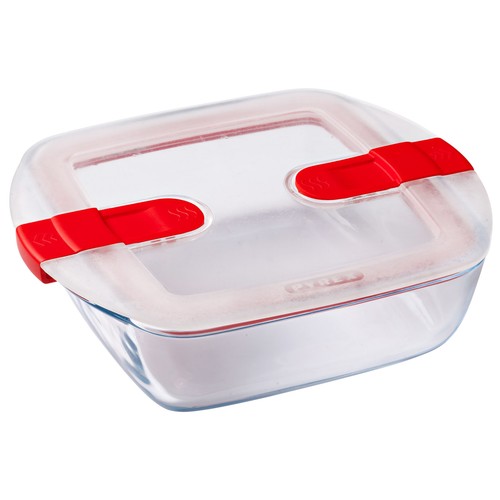 Recipiente hermético cuadrado de vidrio con tapa cierre de clip, 1 litro, Cook & Heat, PYREX.