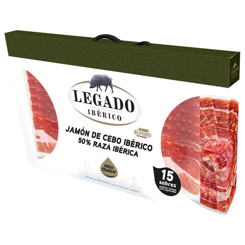 Estuche con 15 sobres de 60 g. de jamón de cebo ibérico (50% raza ibérica) cortado en medias lonchas con separador LEGADO IBÉRICO.