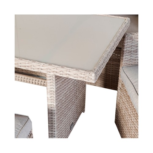 Conjunto muebles de jardín 7 plazas con mesa, sillones y pufs de acero y ratán color marrón/gris, Canadá KACTUS REPUBLIC.