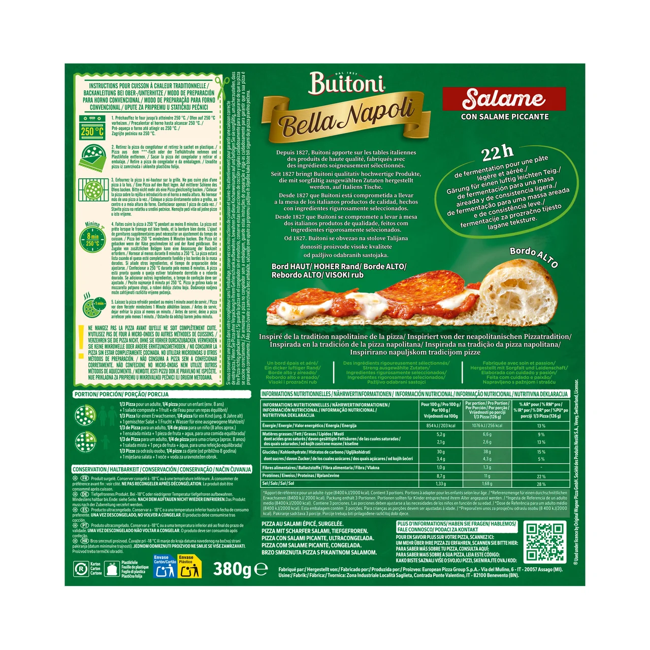 Bella napoli Pizza de salami con salsa de salami picante y masa gruesa 380 g.