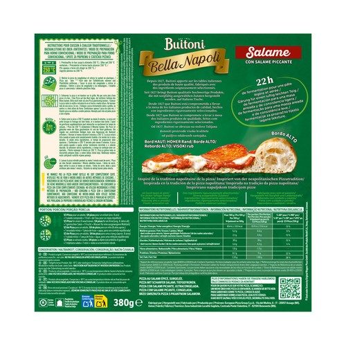 BUITONI Bella napoli Pizza de salami con salsa de salami picante y masa gruesa 380 g.