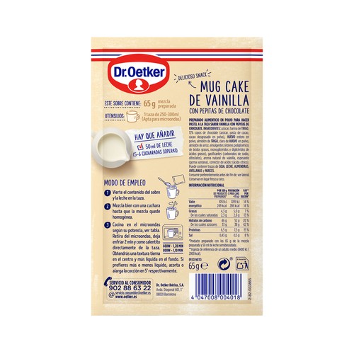 DR. OETKER Pastel a la taza de vainilla con pepitas de chocolate DR. OETKER 65 g.