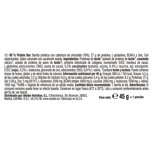 WEIDER Barrita 60% proteina recubierto de cacao con sabor a caramelo con cacahuete 45 g.