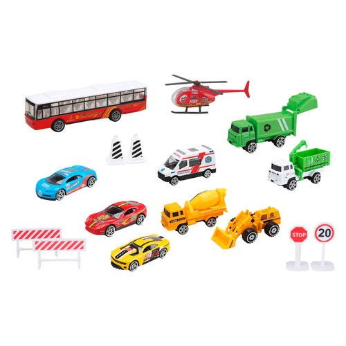 Conjunto De Vehiculos De Ciudad. Pack de Coches, camiones, ambulancia, autobuses de juguete. ONE TWO FUN ALCAMPO
