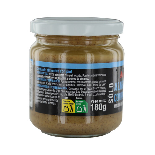 PRODUCTO ALCAMPO Crema de almendra con piel, sin gluten 180 g.