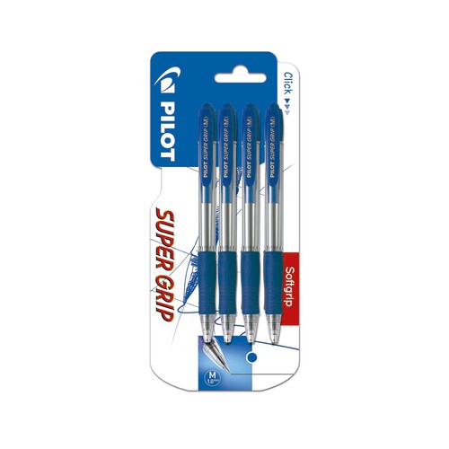 4 bolígrafos roller retráctiles, grip suave, punta media, grosor 0.4mm, color azul PILOT Supergrip.