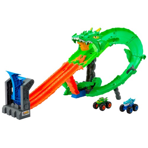 Monster Trucks Sharks vs. Dinos Destrucción del Dragón con 2 camiones a escala 1:64 +4 Años, Hot Wheels MATTEL